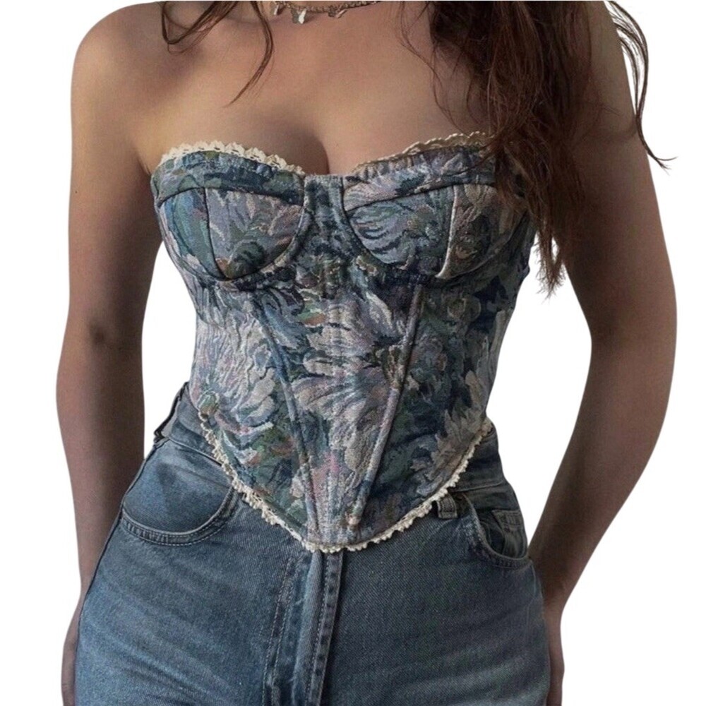 Y2k blue floral corset bustier top S fairy whimsygoth party club wear romantic